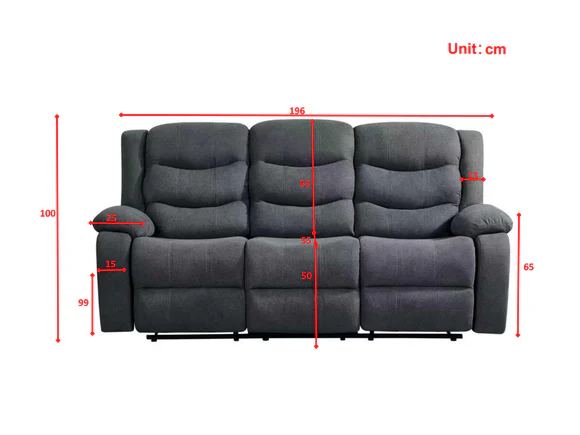 Classic 3 Seater Recliner Sofa Manual Grey Fabric - Image 10