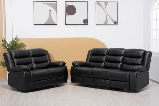 Roma Recliner 3+2 Seater Sofa Set Black and Grey Faux Leather