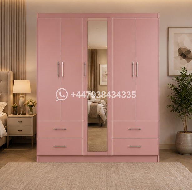 5 Door Wardrobe with Mirror – Premium Bedroom Wardrobe with 4 Drawers - Image 3