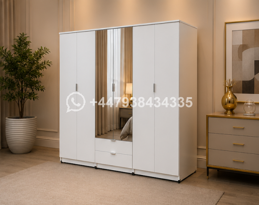 Royal Classic 6 Door Wardrobe with 2 Mirrors with 2 Drawers – Elegant Bedroom Storage Solution - Image 4