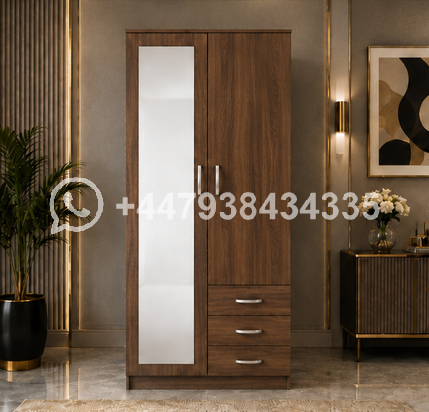 Contemporary Wooden Closet with Mirror and Drawers – Multi Storage 2 Door Wardrobe with 3 Drawers