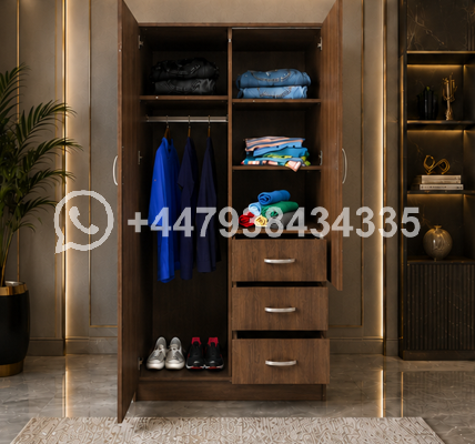 Contemporary Wooden Closet with Mirror and Drawers – Multi Storage 2 Door Wardrobe with 3 Drawers - Image 3