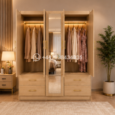 Wardrobe – 5 Door Wooden Wardrobe – Mirror & Drawer