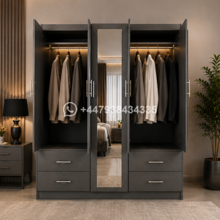 Wardrobe with Mirror & Drawer – 5 Door Wooden Wardrobe