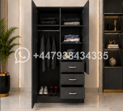 Premium Wooden Wardrobe with 2 Doors, 3 Drawers & Mirror – 2 Doors Wardrobe with Black Colour - Image 3