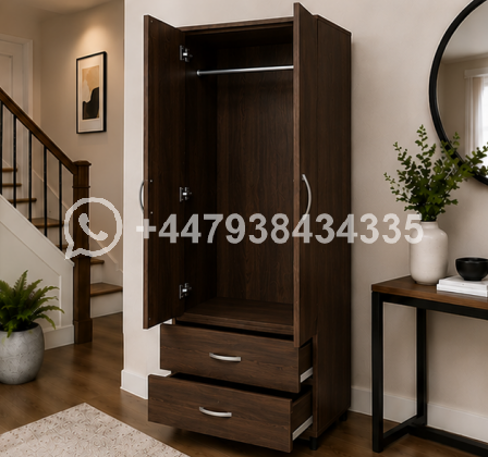 Wooden Two Door Wardrobe with Two Drawers - Image 4