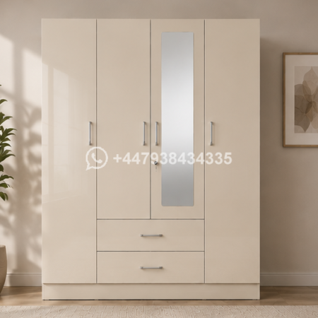 4 Door Wardrobe with 1 Mirror & 2 Drawers – Elegant 4 Door Wardrobe with Storage Drawers