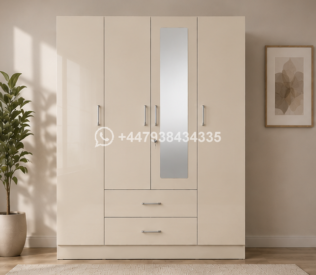 4 Door Wardrobe with 1 Mirror & 2 Drawers – Elegant 4 Door Wardrobe with Storage Drawers