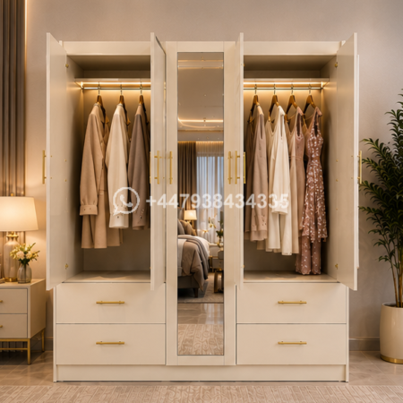 Door Wardrobe – Classic 5 Door Wardrobe with Mirror With 4 Long Drawers
