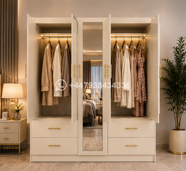 Door Wardrobe – Classic 5 Door Wardrobe with Mirror With 4 Long Drawers