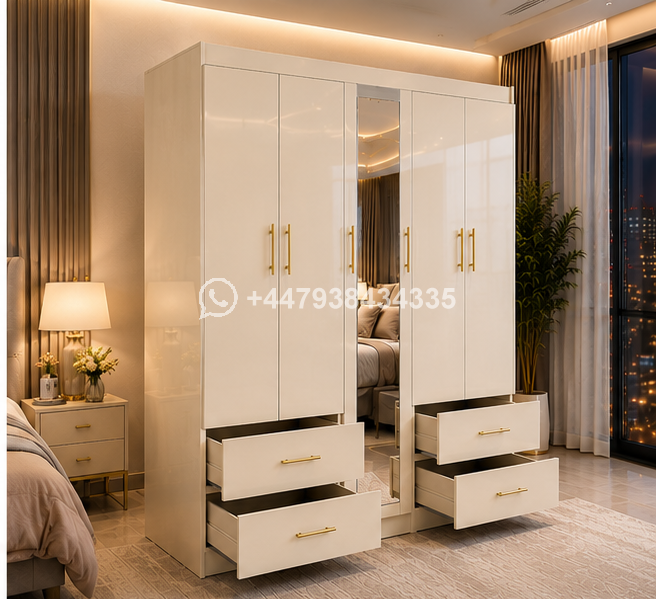 Door Wardrobe – Classic 5 Door Wardrobe with Mirror With 4 Long Drawers - Image 2