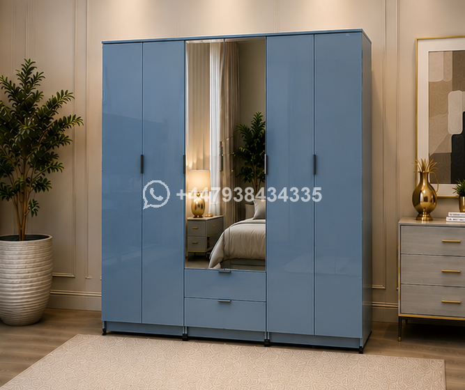 Elegant Deluxe Wooden Closet with Dual Mirrors – Royal Luxury 6 Door Wardrobe with 2 Mirrors & 2 Drawers - Image 2