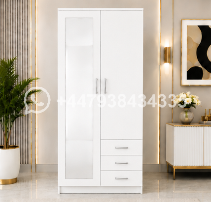 Elegant Wooden 2 Door Wardrobe with 3 Drawers & Mirror – 2 Doors Wardrobe with White Colour
