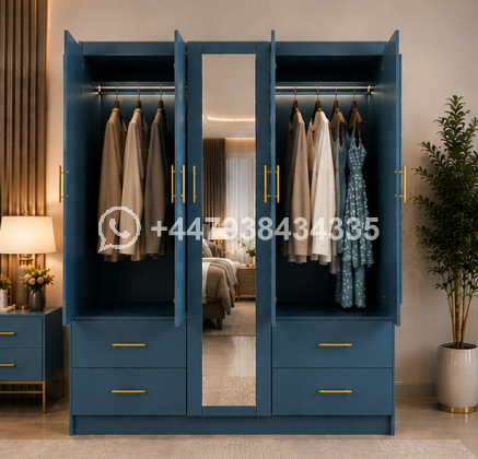 Wardrobe with 4 Drawers and 1 Mirror – Premium 5 Door Wooden Wardrobe
