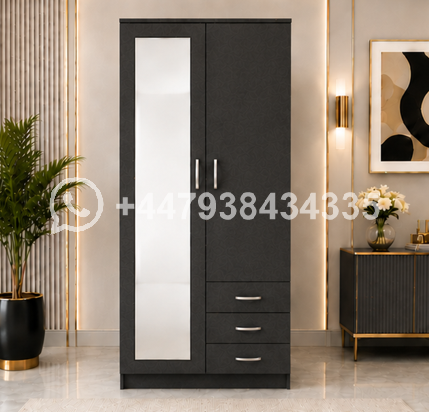 Premium Wooden Wardrobe with 2 Doors, 3 Drawers & Mirror – 2 Doors Wardrobe with Black Colour