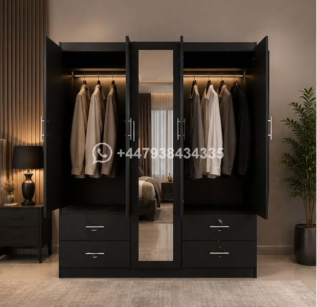 Premium 5 Door Wooden Wardrobe – Space Saver 5 Door Wardrobe with 4 Drawers