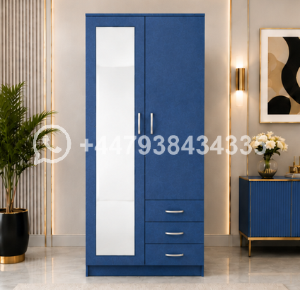 Premium Wooden Wardrobe with 2 Doors, 3 Drawers & Mirror – 2 Doors Wardrobe with Bleu Colour