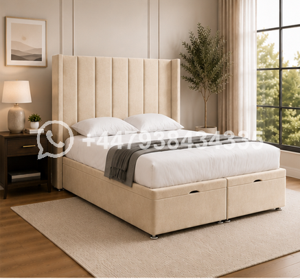 Modern Tufted King Size Bed – Beige Upholstered Winged Bed with Timeless Bedroom Elegance