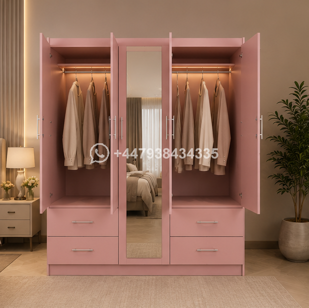 5 Door Wardrobe with Mirror – Premium Bedroom Wardrobe with 4 Drawers