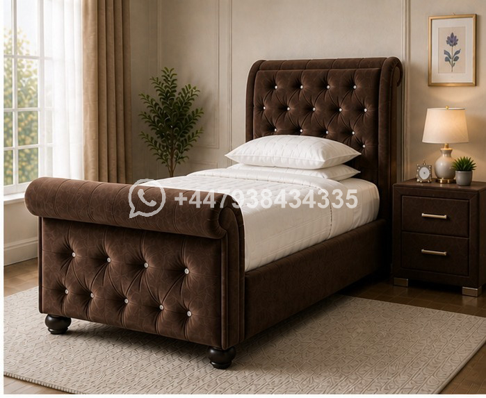 Sleigh Single Bed Velvet – Luxury Upholstered Bed - Image 2