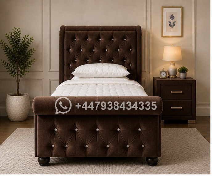 Sleigh Single Bed Velvet – Luxury Upholstered Bed - Image 4