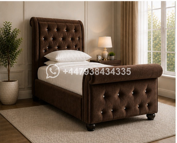 Sleigh Single Bed Velvet – Luxury Upholstered Bed