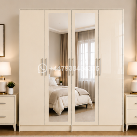 Durable 4 Door Wardrobe with Mirror Finish – Wooden Wardrobe 4 Door with Mirrors