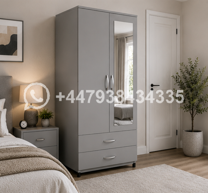 Designer Wooden Wardrobe with 2 Doors & Mirror – Double Door Bedroom Wardrobe - Image 3