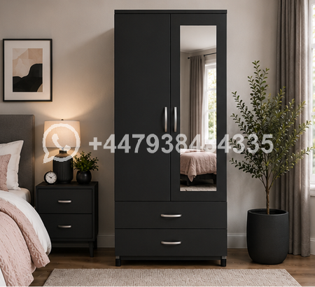 Elegant Bedroom Closet with 2 Drawers and Mirror – Wardrobe with Double Doors