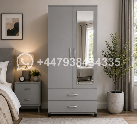 Designer Wooden Wardrobe with 2 Doors & Mirror – Double Door Bedroom Wardrobe