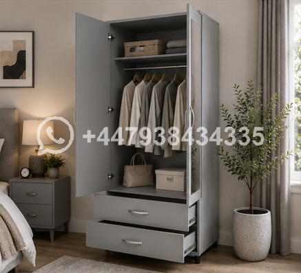 Designer Wooden Wardrobe with 2 Doors & Mirror – Double Door Bedroom Wardrobe - Image 4