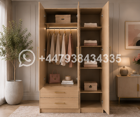 Elegant Closet Organizer with Drawers and Mirror – Large Capacity Triple Door Wardrobe with Mirror