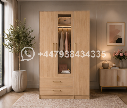 Elegant Closet Organizer with Drawers and Mirror β Large Capacity Triple Door Wardrobe with Mirror - Image 2
