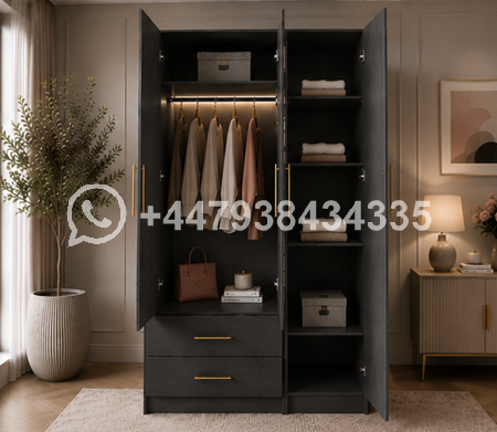 3 Door Wardrobe with 2 Drawers – Contemporary Wooden Closet with Mirror Finish