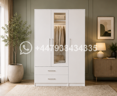Durable Engineered Wood Wardrobe with Mirror β Compact 3 Door Wardrobe - Image 2