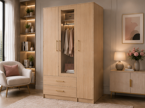 Elegant Closet Organizer with Drawers and Mirror β Large Capacity Triple Door Wardrobe with Mirror - Image 3
