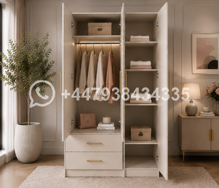 Elegant 3 Door Wardrobe with 2 Drawers and 1 Mirror – Wardrobe without Mirror