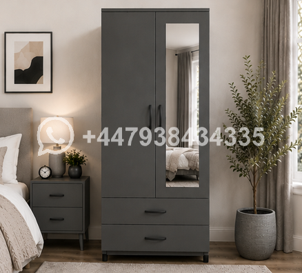Modern Storage Cabinet with 2 Doors, 2 Drawers & Mirror – Wardrobe with Mirro