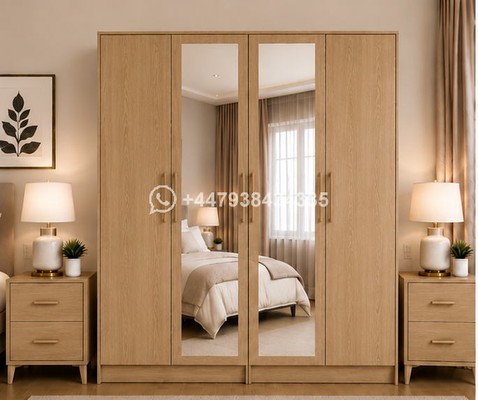 Contemporary 4 Door Wardrobe with Mirror Design – Large Storage 4 Door Wardrobe