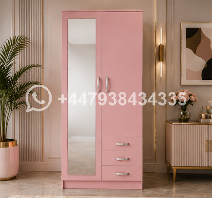 Functional Storage Wardrobe with Mirror – 2 Door Wardrobe Pink Colour