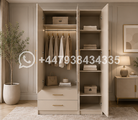 Designer Wooden Wardrobe with Triple Doors – Wardrobe with Mirror
