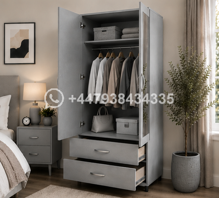 Contemporary 2 Door Storage Wardrobe with Mirror – 2 Door Wardrobe with Drawers - Image 3