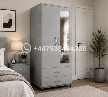 Contemporary 2 Door Storage Wardrobe with Mirror – 2 Door Wardrobe with Drawers - Image 4
