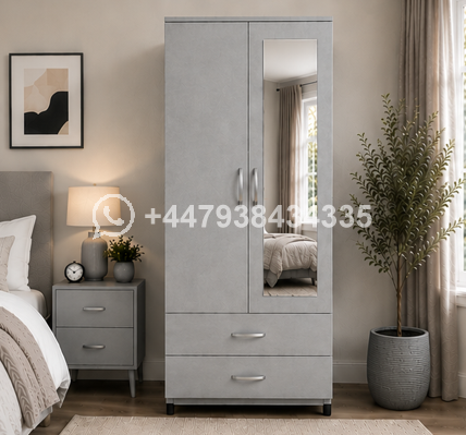 Contemporary 2 Door Storage Wardrobe with Mirror – 2 Door Wardrobe with Drawers