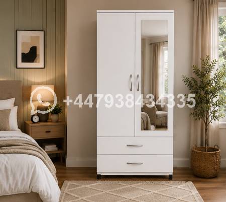 White Finish Wardrobe with 2 Drawers and Mirror – Wooden Storage Wardrobe with Mirror